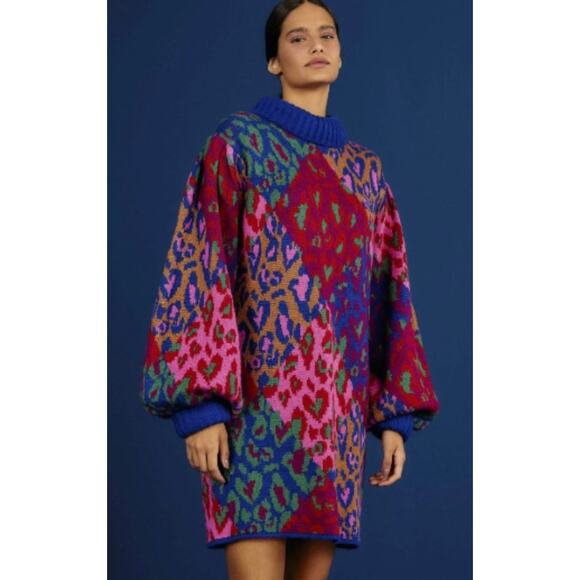 FARM Rio Mixed Leopard Pop Sweater Dress, Small - Picture 1 of 9